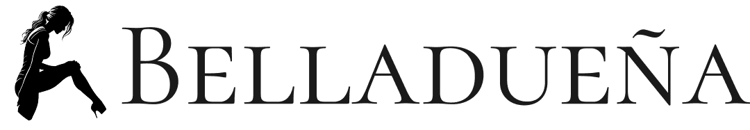 Logomarca Belladueña. Uma mulher a esquerda da palavra Belladueña escrita com tipografia refinada