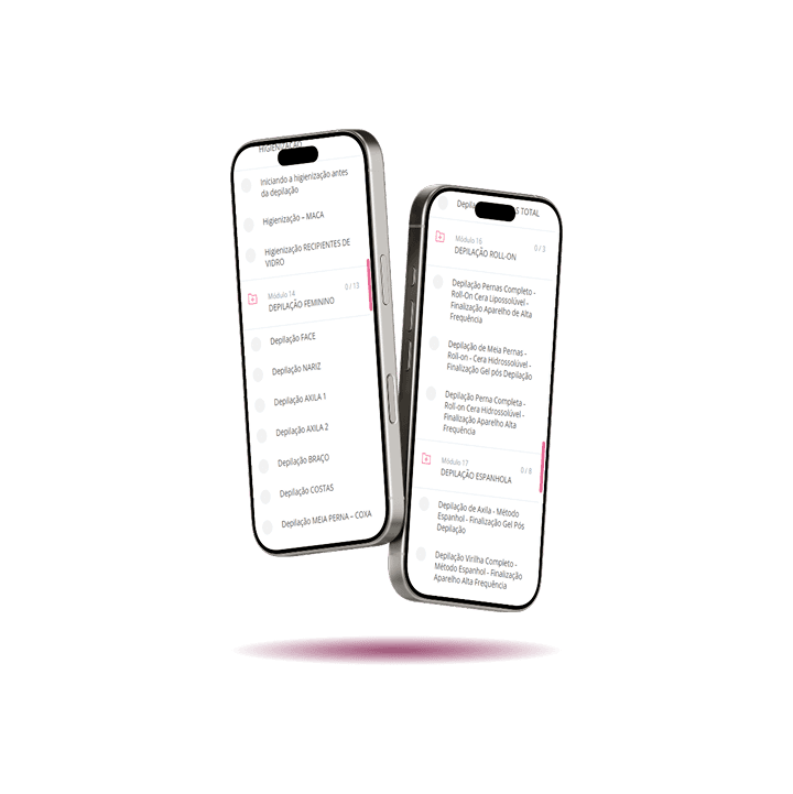 Dois smartphones juntos, cada um deles mostra uma tela do painel do curso de depilação profissional online