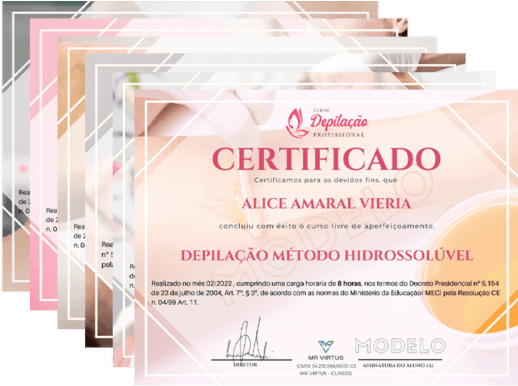 Uma foto representando os seis modelos de certificados avançados emitidos ao término e conclusão dos módulos avançados de depilação