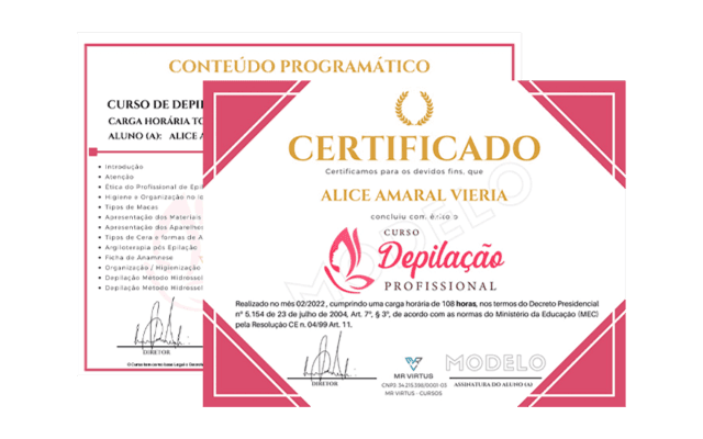 Um modelo do certificado profissional emitido ao final do curso de depilação